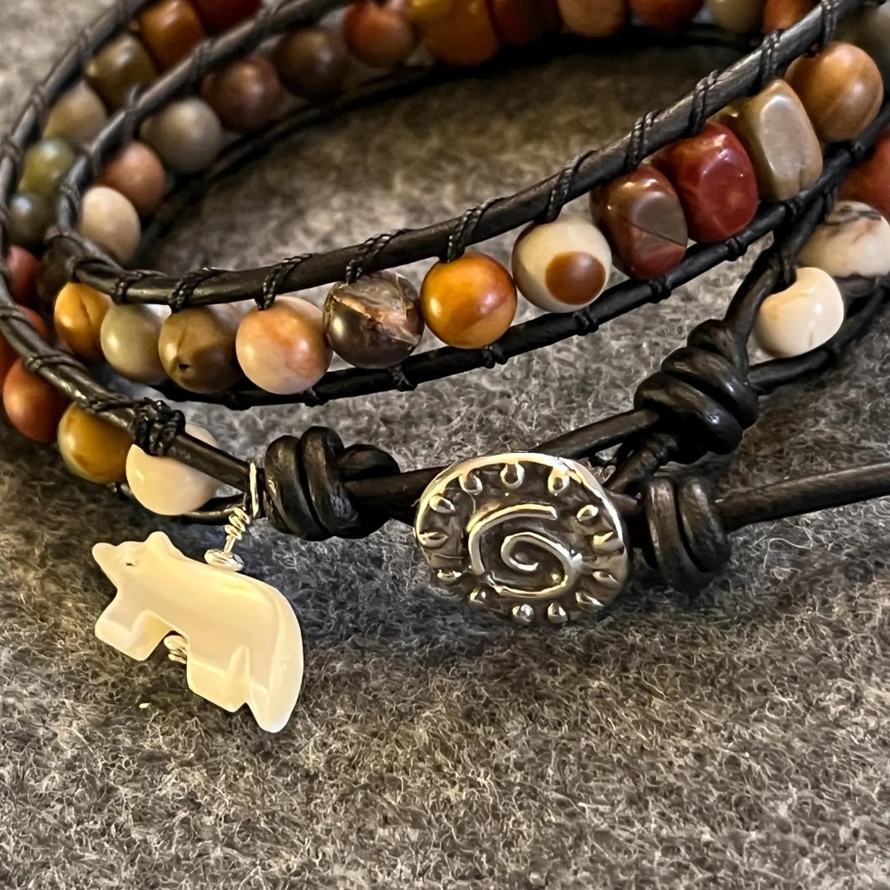 Double Wrap Leather Bracelet - Red Creek Jasper, Artisan Clasp, Bear Charm